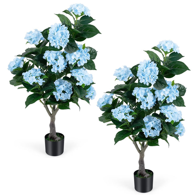 Goplus 2 Pack Artificial Hydrangea Tree w/11 White Flowers & Realistic Trunk in Plastic Nursery Pot