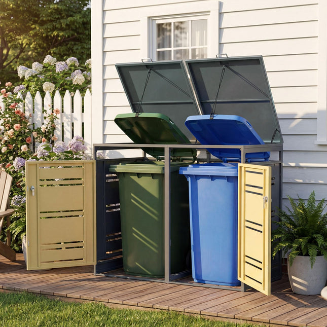 Goplus 44 Cu.Ft Outdoor Trash Can Storage with 2 Lockable Doors Gas Struts & Shock Absorbers