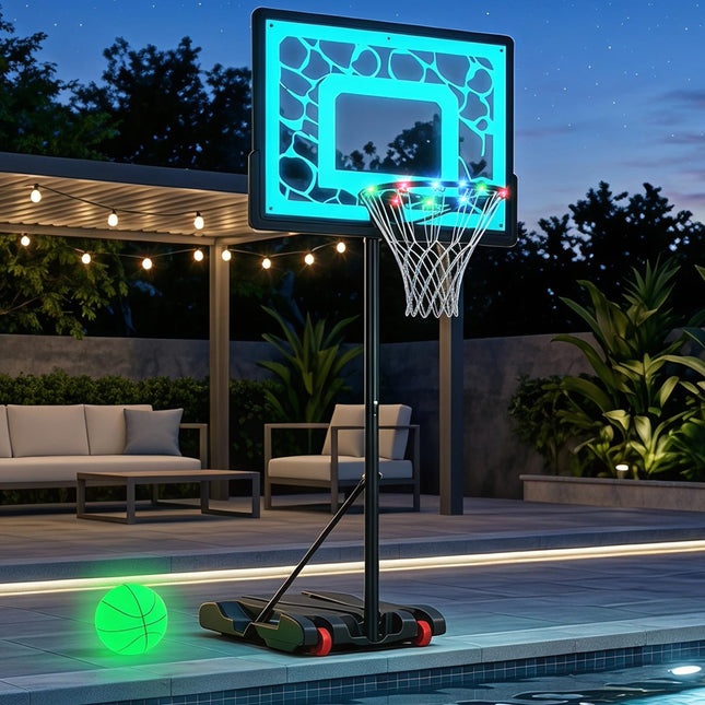 Goplus 8-Height Adjustable Pool Basketball Hoop with LED Rim PC Backboard & Basketball