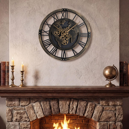 Goplus 27" Gear Clock with World Map Non-Ticking Decorative Metal Clock with Moving Gears