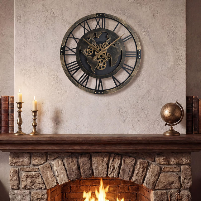 Goplus 27" Gear Clock with World Map Non-Ticking Decorative Metal Clock with Moving Gears