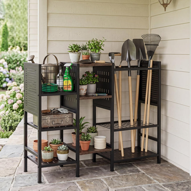 Goplus Garden Tool Organizer with Wooden Shelves 40” Wide 3-Tier Yard