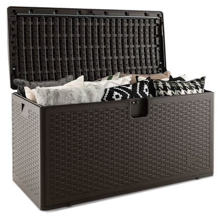 Goplus Outdoor Storage Box, 31 73 100 Gallon Waterproof Resin Patio Storage Box with Lockable Lid, Side Handle for Pillows, Cushions