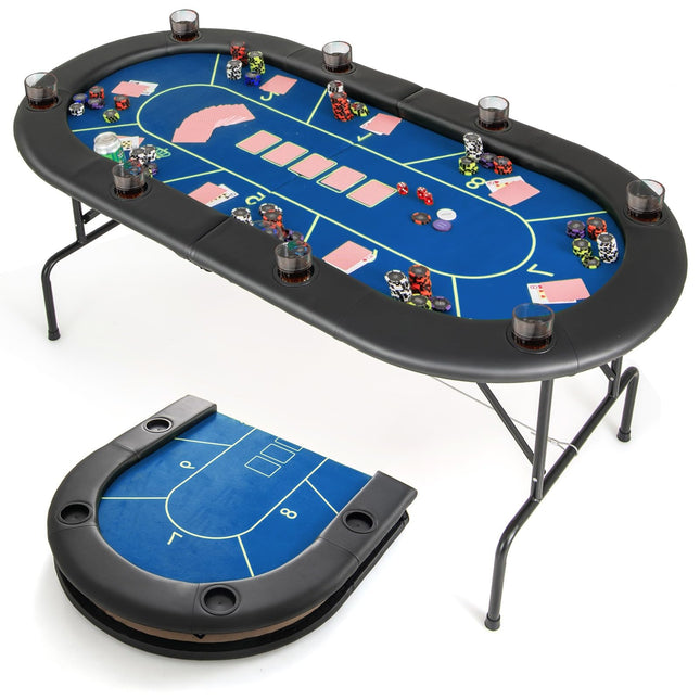 Goplus 72’’ Poker Table Foldable, 8 Players Card Board Game Table w/ 8 Cup Holders