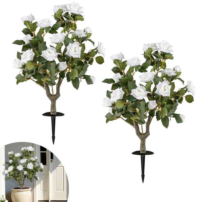 Goplus 31.5” Artificial Rose Flower Trees Set of 2 with Spikes 186 Leaves & 18 White Flowers