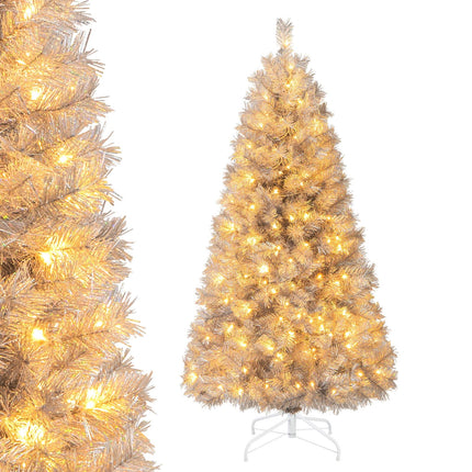 Goplus 5ft / 6ft /7ft  Pre-Lit Christmas Tree with Silver Tinsel Leaves & Upgraded Metal Stand
