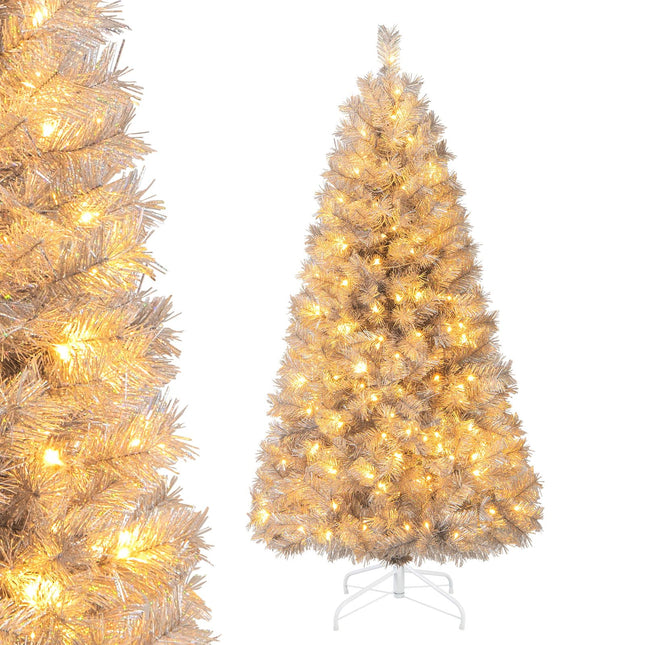 Goplus 5ft / 6ft /7ft  Pre-Lit Christmas Tree with Silver Tinsel Leaves & Upgraded Metal Stand