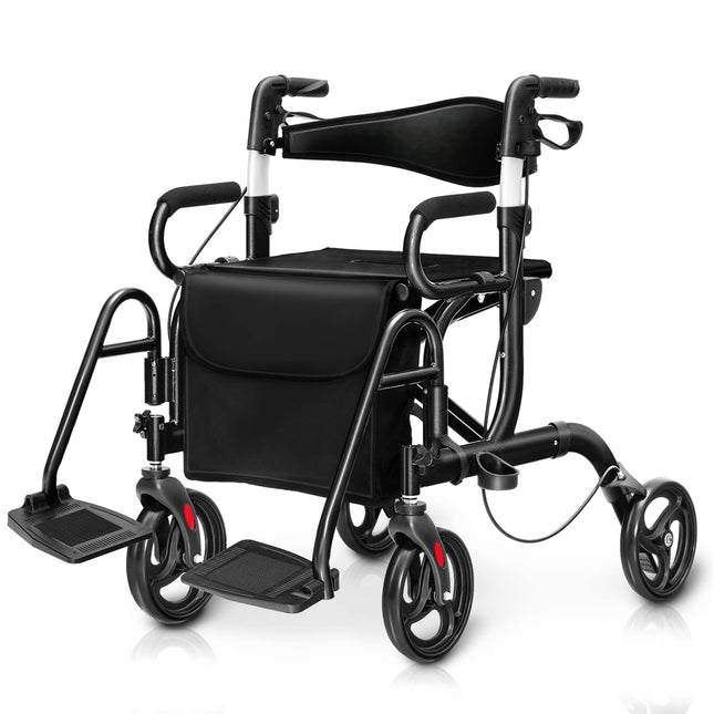Goplus 2 in 1 Rollator Walker for Seniors Transport Wheelchair Rollator with 8" Wheels