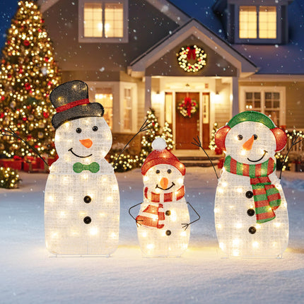 Goplus 3 Pcs Christmas Snowman Decorations, Pre-lit 2D Outdoor Snowman Family with Warm White Lights