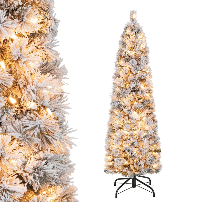 Goplus 4.5ft / 6ft / 7ft Pre-Lit Snow Flocked Pencil Christmas Tree for Home Office Holiday Decor