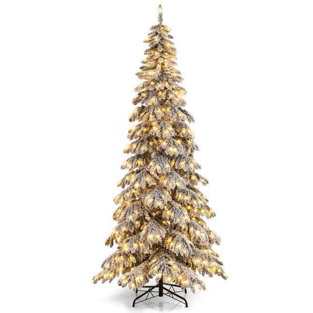 Goplus 9 FT Pre-Lit Snow Flocked Drooping Christmas Tree with Quick Power Connectors