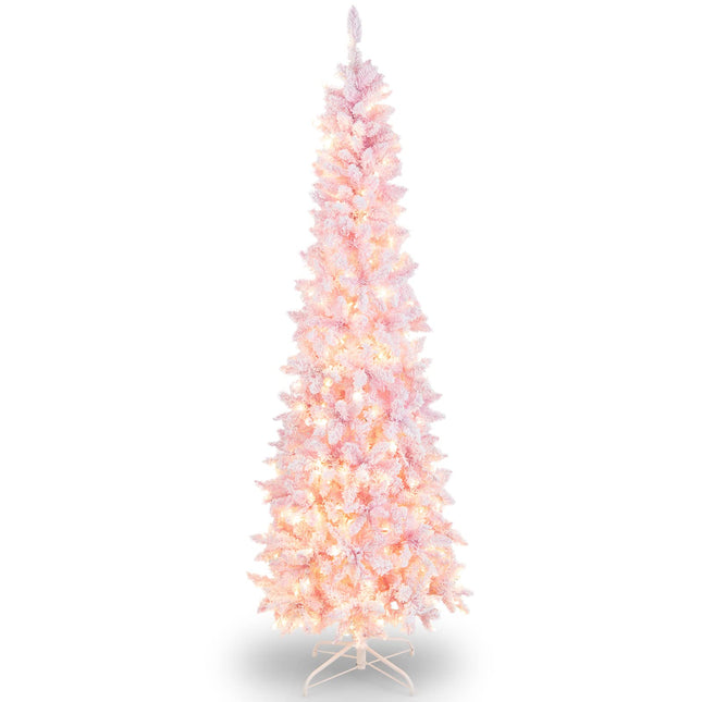 Goplus 7ft Pre-Lit Pencil Christmas Tree, Snow Flocked Artificial Slim Tree with 800 Branch Tips - GoplusUS