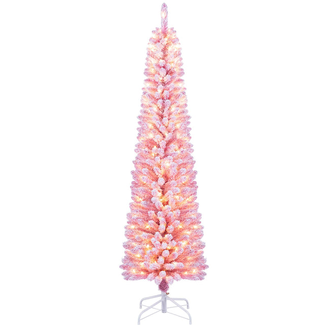 Goplus 6 FT/7 FT Pink Flocked Pre-Lit Pencil Christmas Tree | Slim Decoration Tree for Home Office