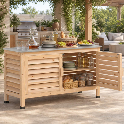 Goplus Patio Storage Cabinet | Fir Wood Sideboard with Stainless Steel Countertop