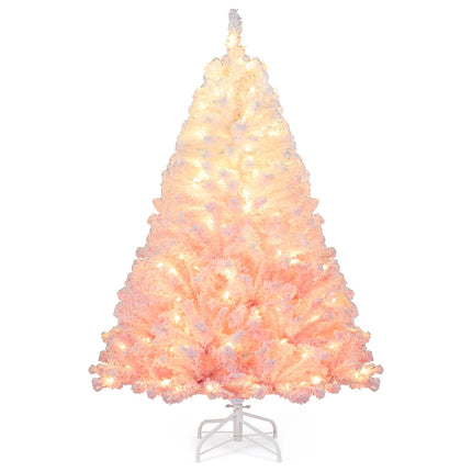 Goplus Pre-Lit Snow Flocked Christmas Tree Artificial Hinged Xmas Full Tree