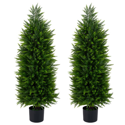 Goplus 4 FT Artificial Topiary Tree Set of 2 Faux Cedar Cypress Plants in Cement-Filled Pots
