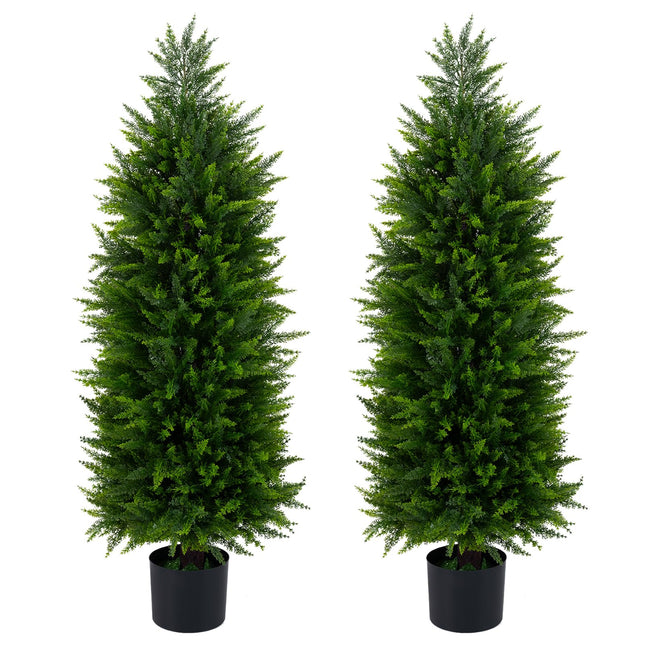 Goplus 4 FT Artificial Topiary Tree Set of 2 Faux Cedar Cypress Plants in Cement-Filled Pots