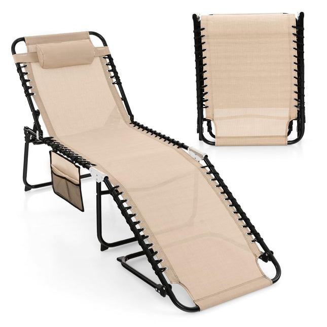 Goplus Beach Lounge Chair, Folding Chaise Lounger with Detachable Pillow & Adjustable 4-Level Backrest & 2-Level Footrest