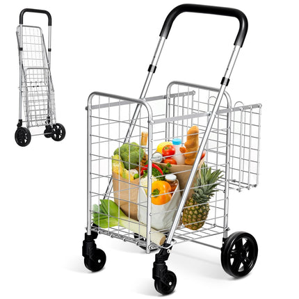Folding Shopping Utility Cart, Double Basket and 360 Swivel Wheels