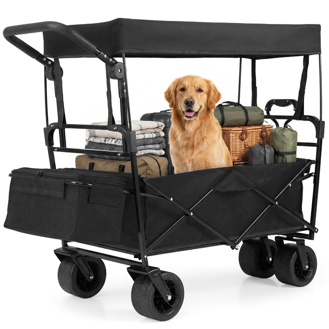 Goplus Collapsible Wagon with Removable Canopy Adjustable Handles & All-Terrain Wheels
