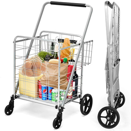 Folding Shopping Cart, Jumbo Double Basket Utility Grocery Cart 330lbs Capacity with 360 degree Rolling Swivel Wheels - GoplusUS