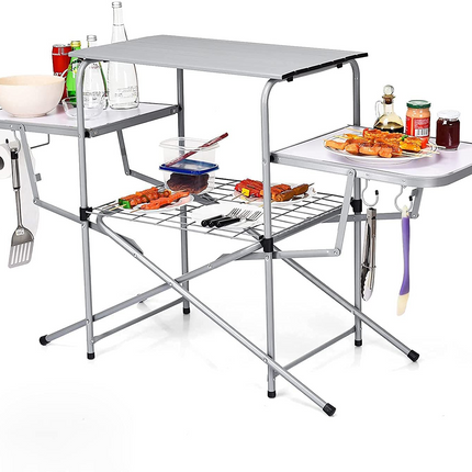 Goplus Folding Grill Table, Aluminum Outdoor Camping Kitchen Table with 26'' Main Tabletop - GoplusUS