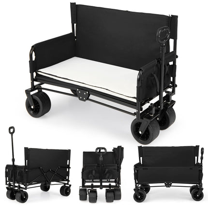 Goplus 2-in-1 Wagon Bench Seat Combo w/Adjustable Push/Pull Handle & Soft Cushions
