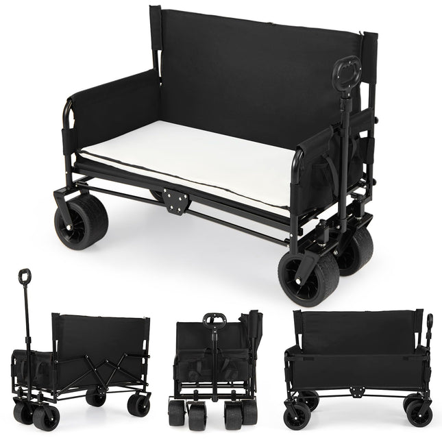 Goplus 2-in-1 Wagon Bench Seat Combo w/Adjustable Push/Pull Handle & Soft Cushions