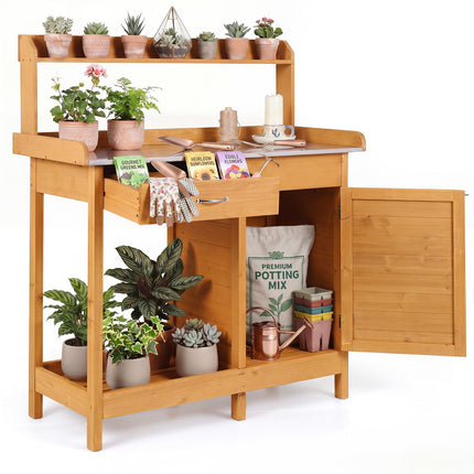 Goplus Garden Potting Bench Table with Stainless Steel Tabletop (44" x 18" x 49")