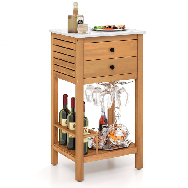 Goplus Acacia Wood Bar Table with 2 Drawers Glass & Wine Holders