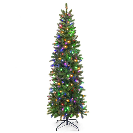 Goplus 6ft / 7ft Pre-Lit Pencil Christmas Tree, Hinged Artificial Slim Tree with 648 PVC PE Branch Tips - GoplusUS