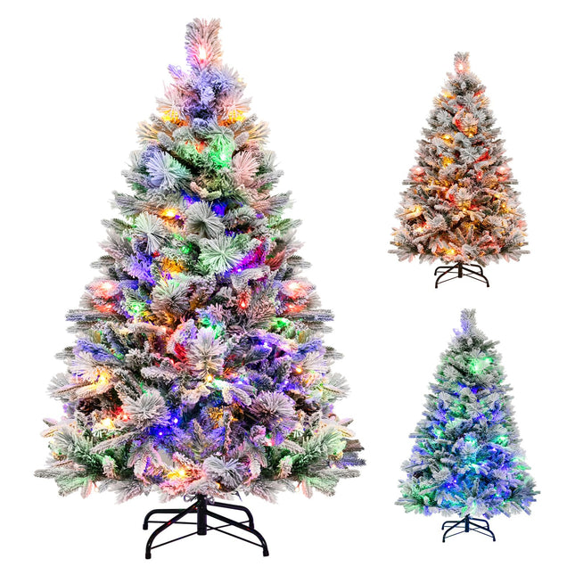 Goplus Pre-Lit Snow Flocked Christmas Tree, Artificial Hinged Xmas Tree with 160 Multi-Color LED Lights