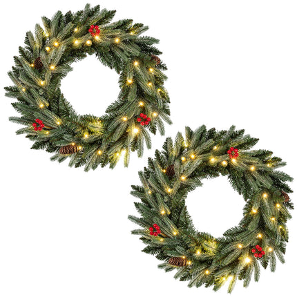 Goplus 24 Inch Pre-Lit Christmas Wreath, Battery Operated Lighted Artificial Winter Xmas Wreaths for Front Door with Pine Cones