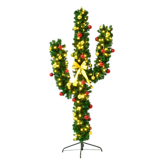 Goplus Pre-Lit Artificial Cactus Christmas Tree with LED Lights and Ball Ornaments - GoplusUS