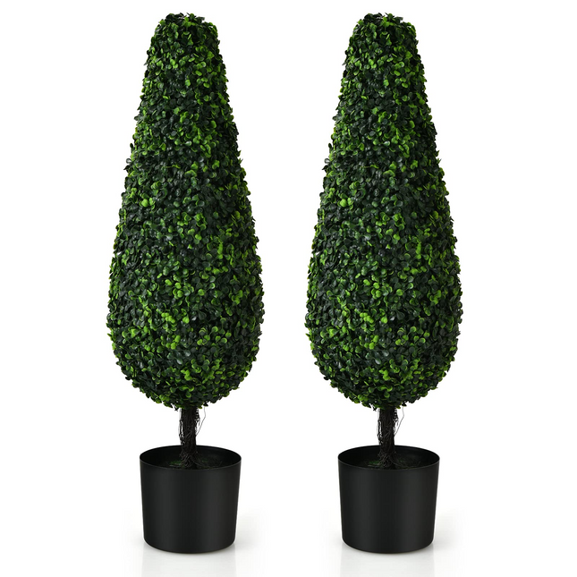 Goplus 3ft Artificial Boxwood Tower Topiary Trees, 2 Pack Faux Decorative Plants in Cement-Filled Plastic Pot - GoplusUS