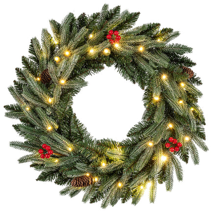 Goplus 24 Inch Pre-Lit Christmas Wreath, Battery Operated Lighted Artificial Winter Xmas Wreaths for Front Door with Pine Cones