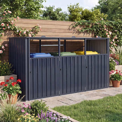 Goplus 7.8 x 2.6 FT Outdoor Trash Can Storage 3-Bin Metal Garbage Shed