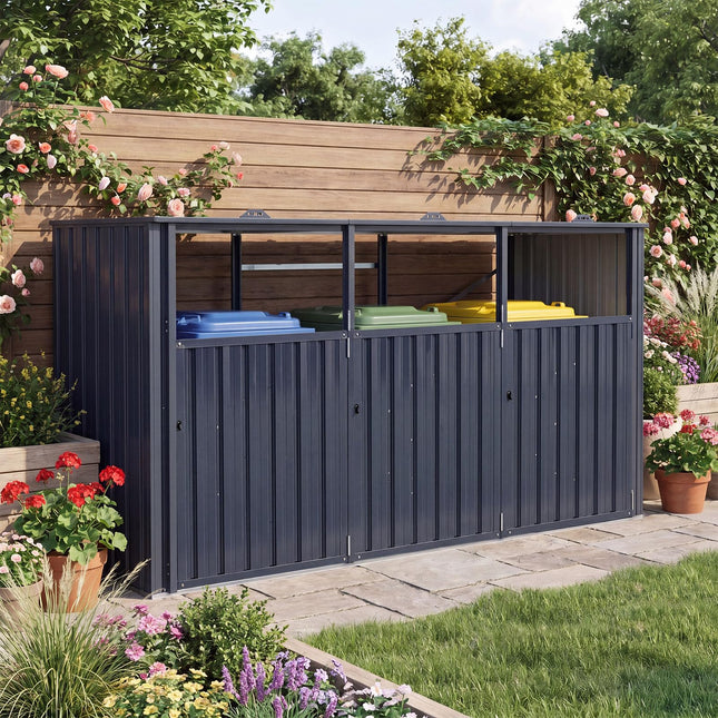Goplus 7.8 x 2.6 FT Outdoor Trash Can Storage 3-Bin Metal Garbage Shed