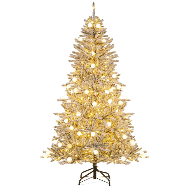 Goplus 6FT / 7FT / 8FT Pre-Lit Snow Flocked Christmas Tree with PVC Branch Tips & Globe Lights