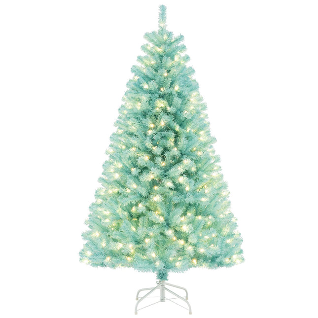 Goplus 6/7 FT Blue Pre-Lit Christmas Tree, Artificial Hinged Xmas Full Tree with 280/380 Warm White LED Lights
