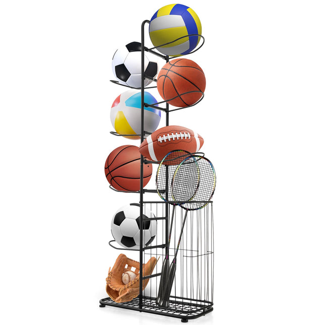 Goplus Garage Sports Equipment Organizer, 7 Ball Storage Rack with Basket, 7-Tier Detachable Stand