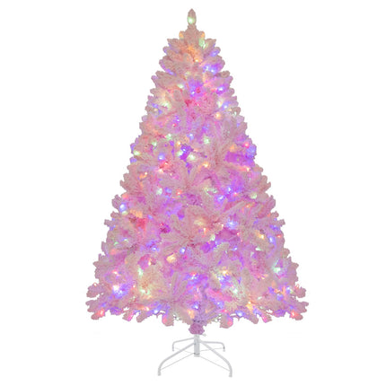 Goplus 6FT Pink Pre-lit Christmas Tree, Hinged Snow Flocked Artificial Xmas Tree, Seasonal Holiday Decoration for Office Home