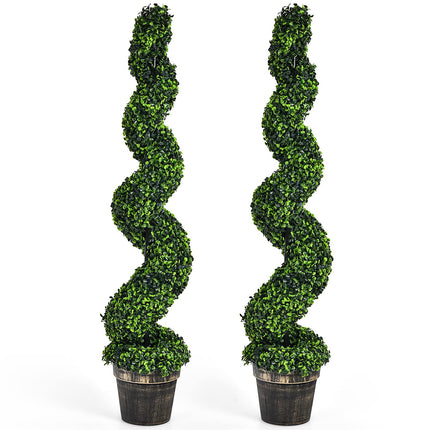 4FT Artificial Spiral Boxwood Topiary Tree Set of 2, Faux Decorative Plants in Cement-Filled Plastic Pot - GoplusUS