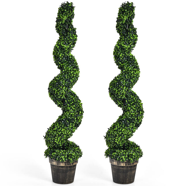 4FT Artificial Spiral Boxwood Topiary Tree Set of 2, Faux Decorative Plants in Cement-Filled Plastic Pot - GoplusUS