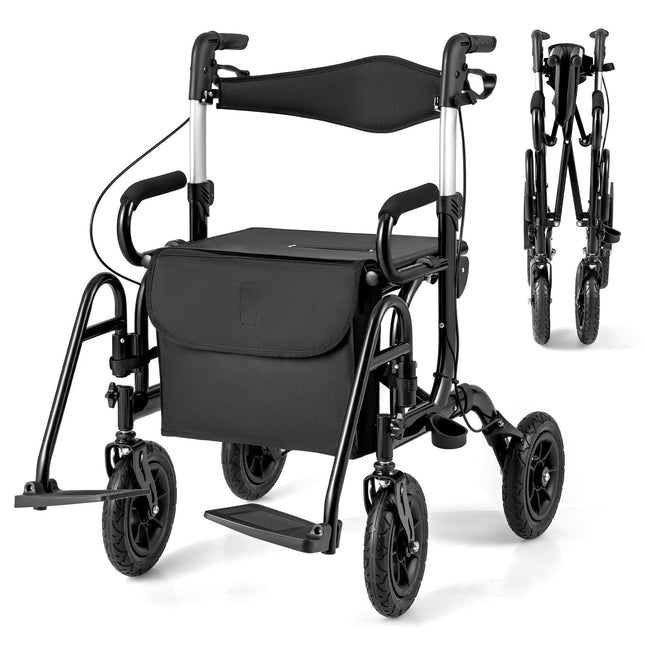 2 in 1 Folding Rolling Rollator Walker & Wheelchair Combo with Brakes