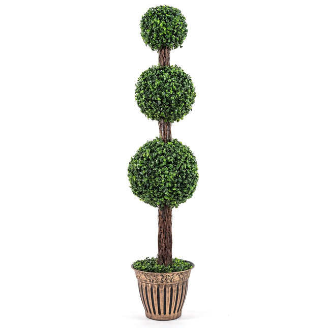 Goplus 4 FT Artificial Triple Ball Boxwood Tree w/Cement-Filled Retro Planter & Real Vines (1/2 Pack)