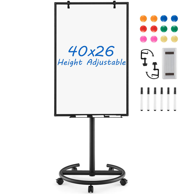 Goplus Mobile Whiteboard, 40" x 26" Height-Adjustable Dry Erase Board on Wheels