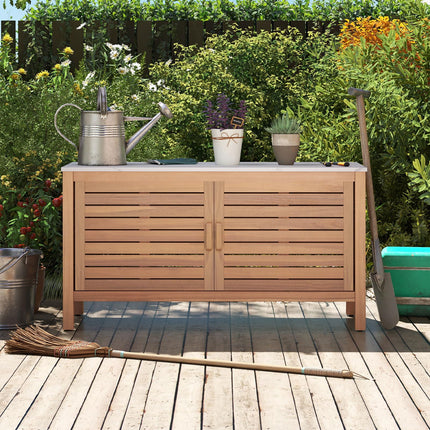 Goplus Patio 2-Door Acacia Wood Storage Cabinet with Faux Marble Top