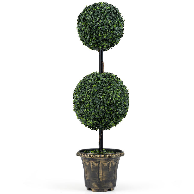 Goplus 3 FT Artificial Boxwood Topiary Tree Sun-Protective Double Ball Faux Potted Plants (1/2)