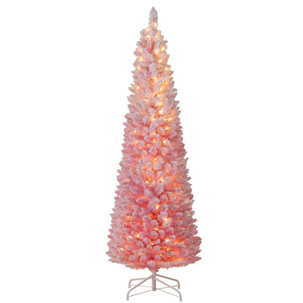 Goplus 6ft / 7ft Pink Slim Pencil Pre-lit Snow Flocked Christmas Tree